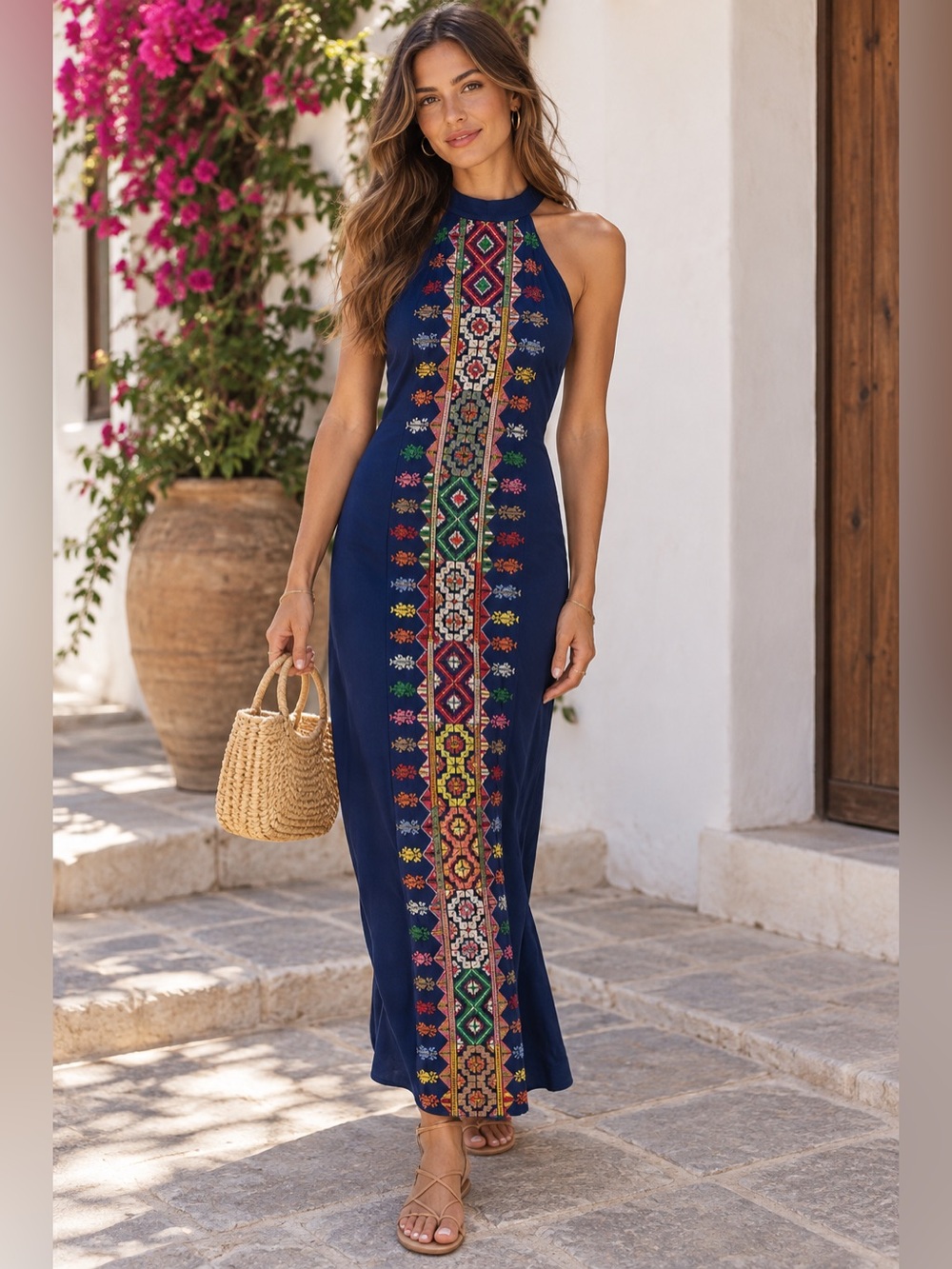 Atfaluna Crafts Palestinian Tatreez Embroidered Navy Halter Maxi Dress Size XS